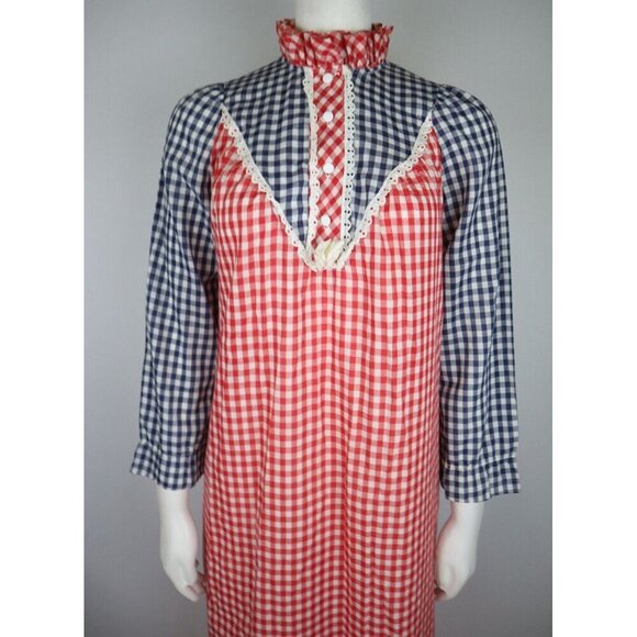 VINTAGE 1970s 70s WOMEN'S RED & BLUE PLAID NIGHTGOWN - CHERRI LYNN - SMALL - Picture 4 of 8